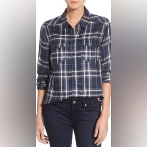 PAIGE Mya Plaid Shirt in Dk Ink Blue/White/Adobe Rose Size Small Nordstrom